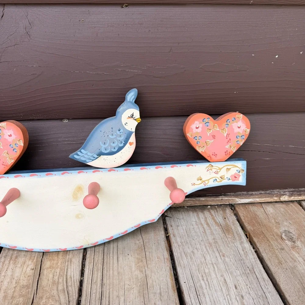 Vintage Folk Art Wooden Wall Hooks – Bluebird Country Cottage Peg Rack